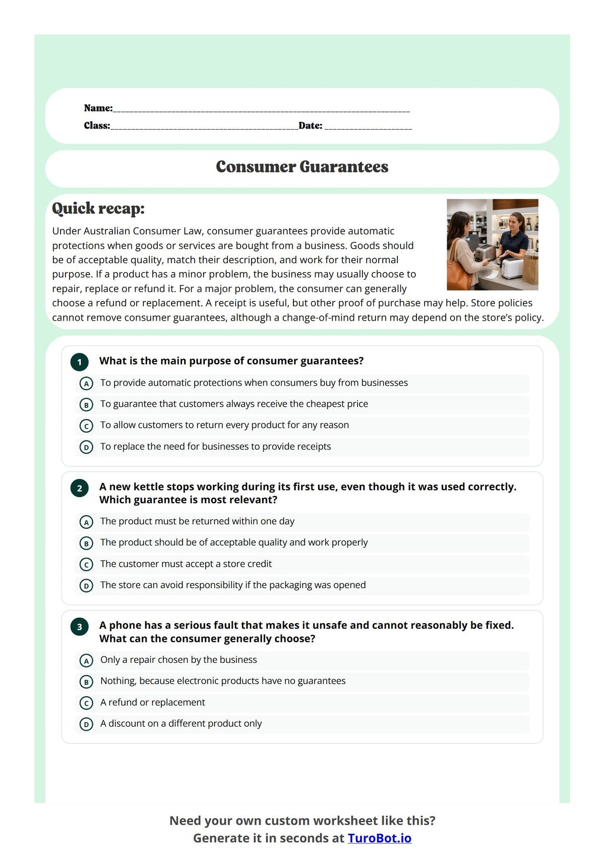 Free Year 8 Worksheet - Consumer Guarantees preview