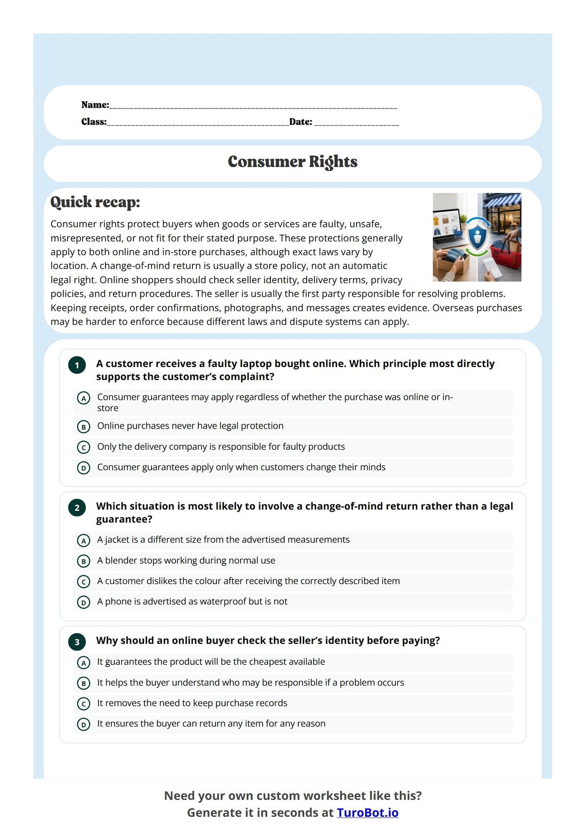 Free Year 9 Worksheet - Consumer Rights preview