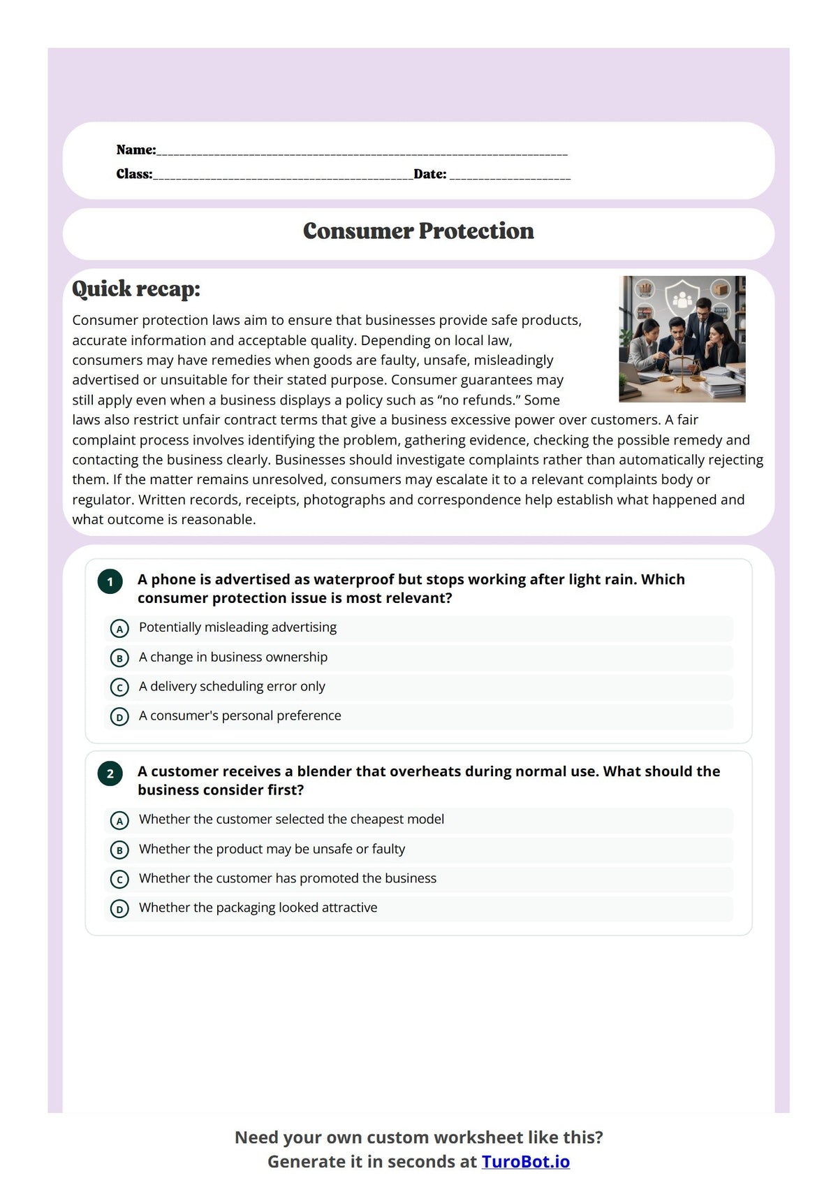 Free Year 10 Worksheet - Consumer Protection preview