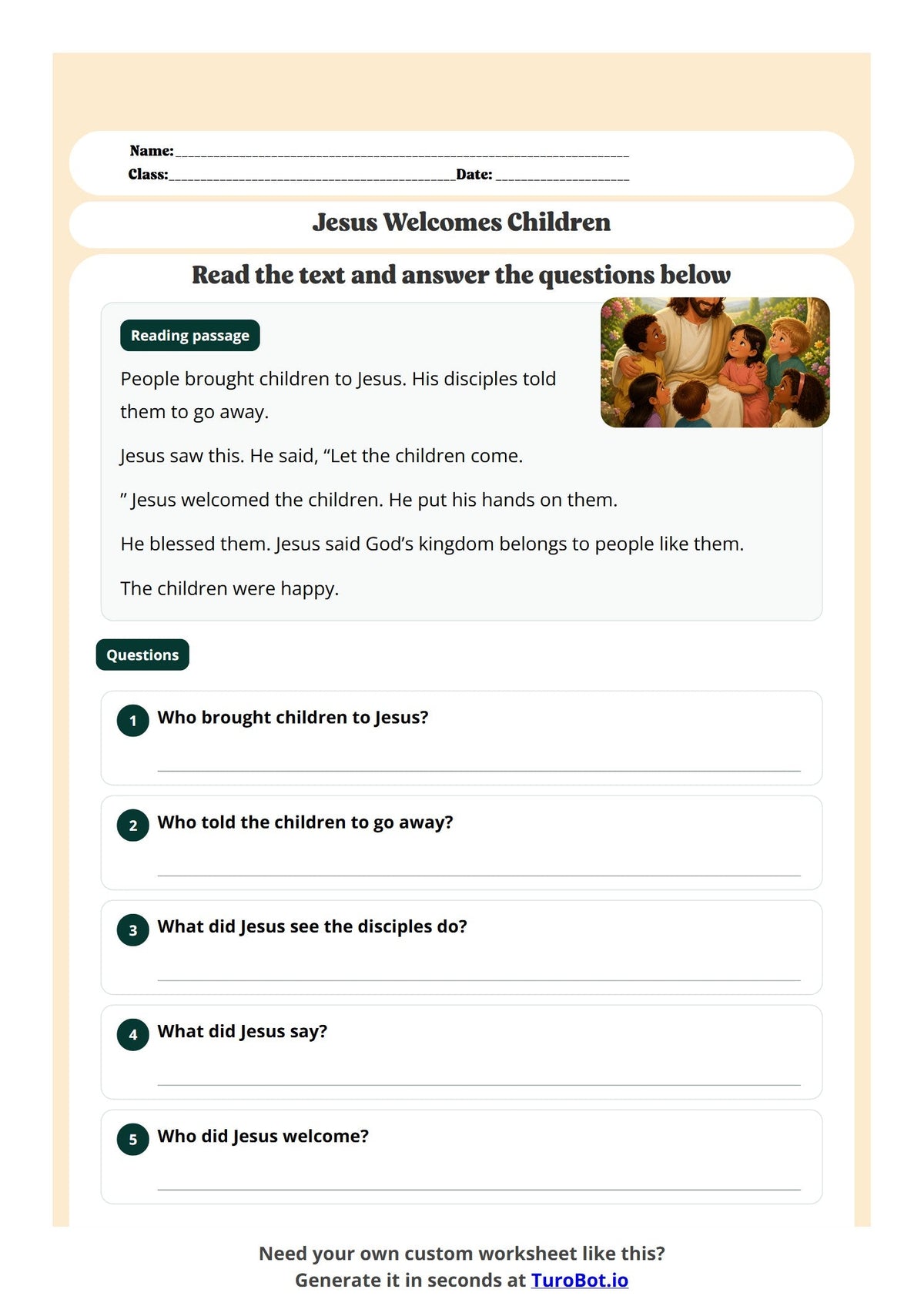 Free Year 1 Worksheet - Jesus Welcomes Children preview