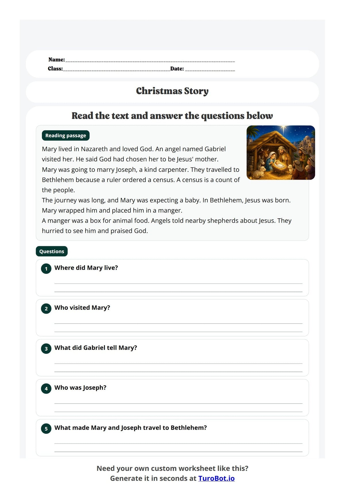Free Year 2 Worksheet - Christmas Story preview