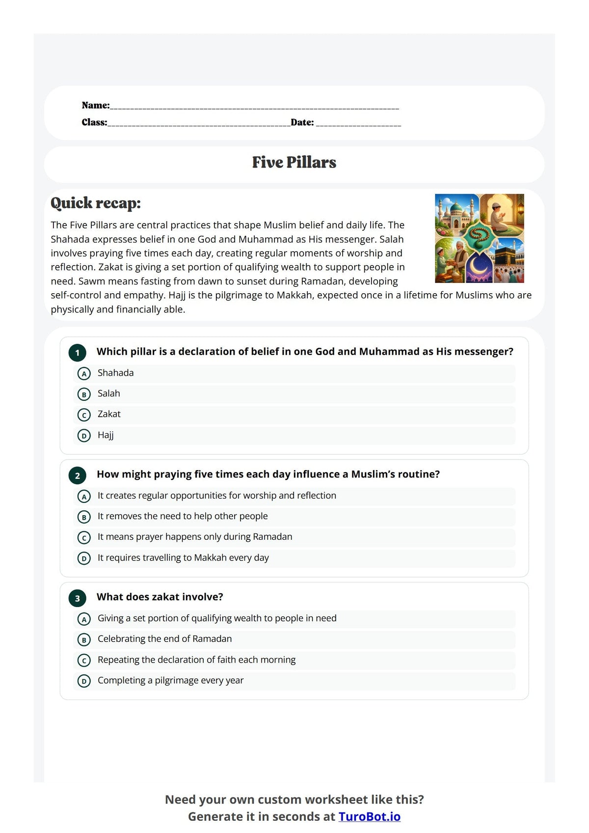 Free Year 7 Worksheet - Five Pillars preview