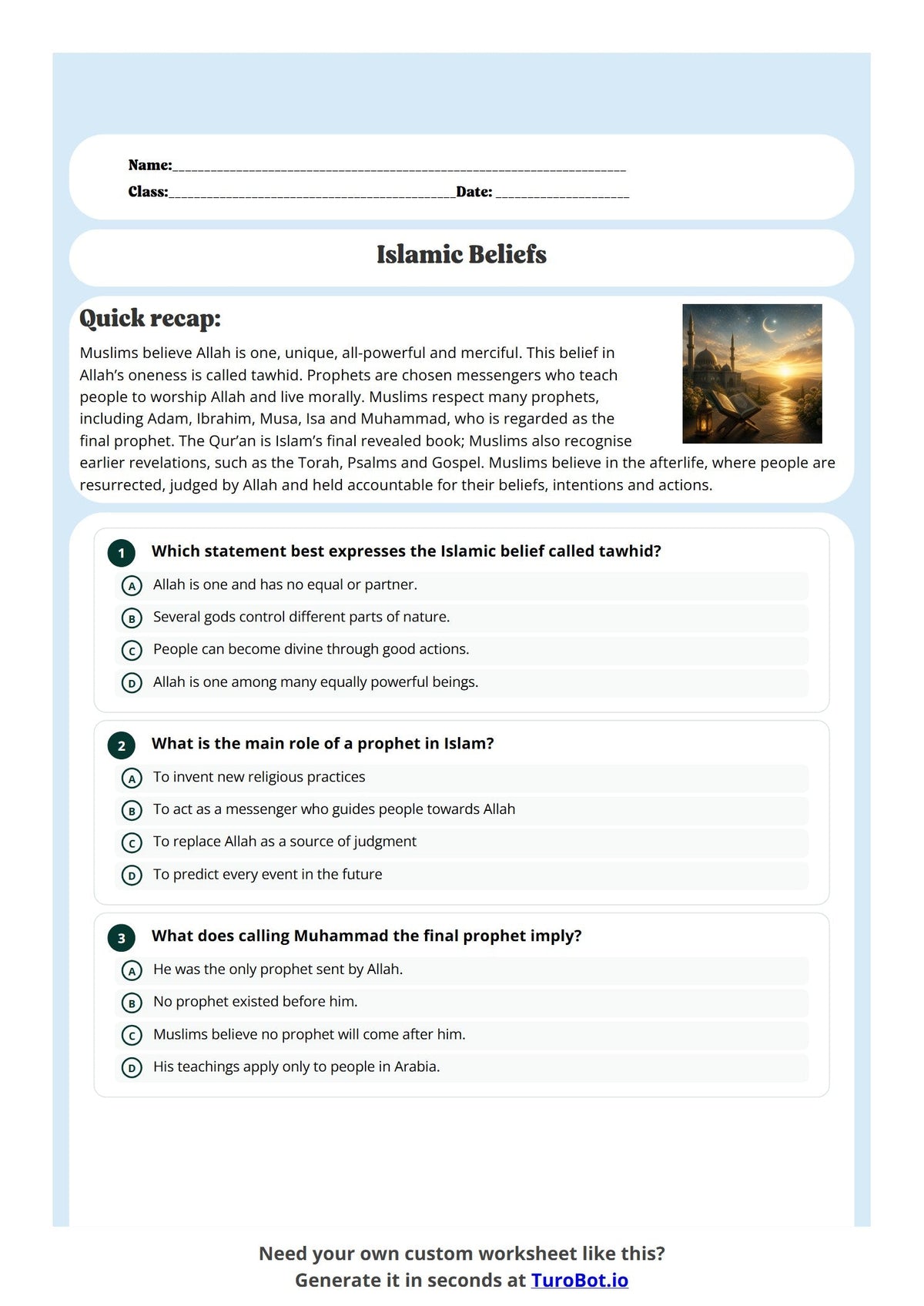 Free Year 8 Worksheet - Islamic Beliefs preview