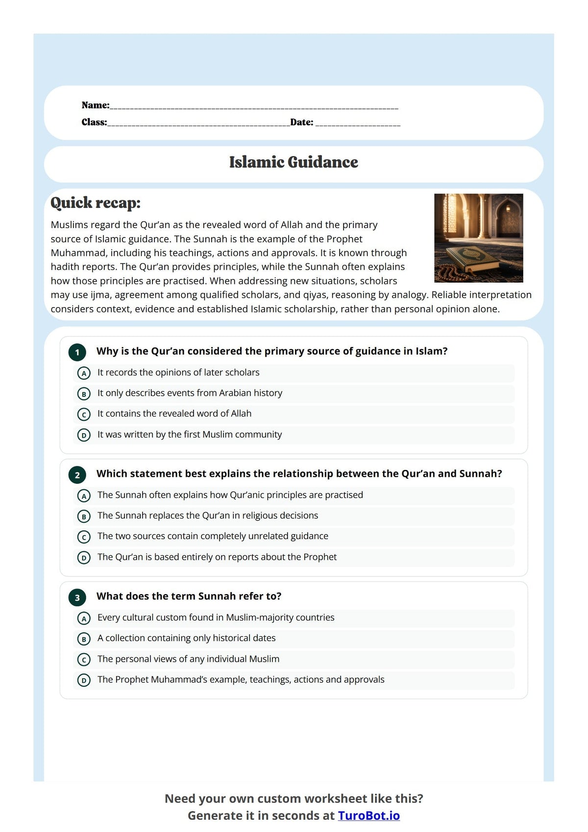 Free Year 9 Worksheet - Islamic Guidance preview