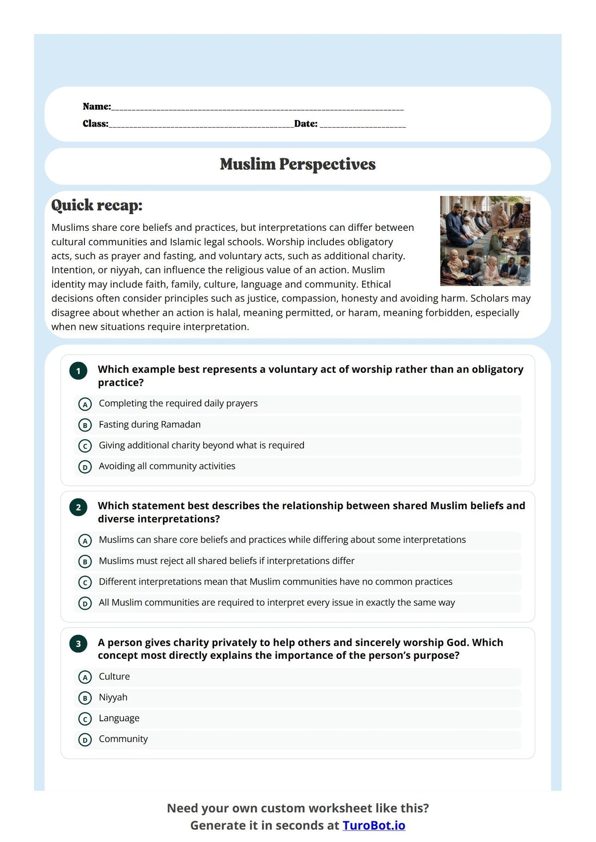 Free Year 10 Worksheet - Muslim Perspectives preview