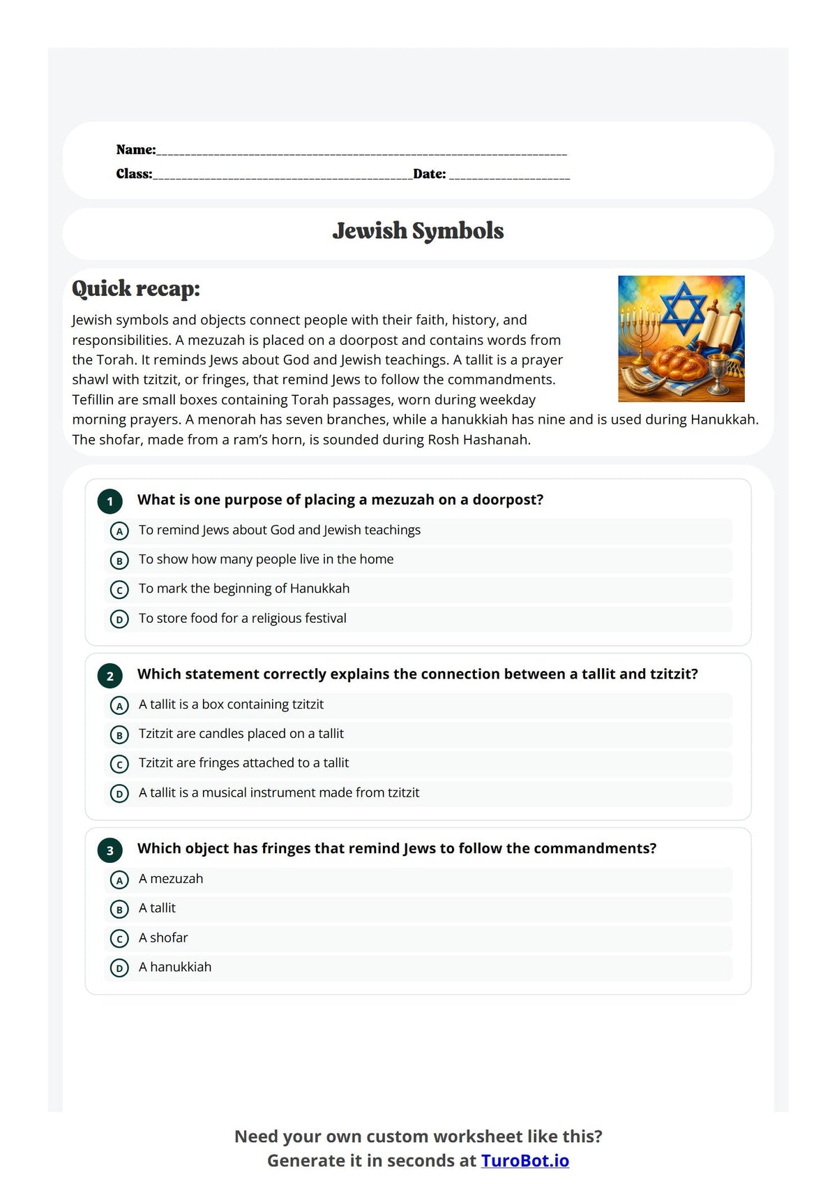 Free Year 6 Worksheet - Jewish Symbols preview