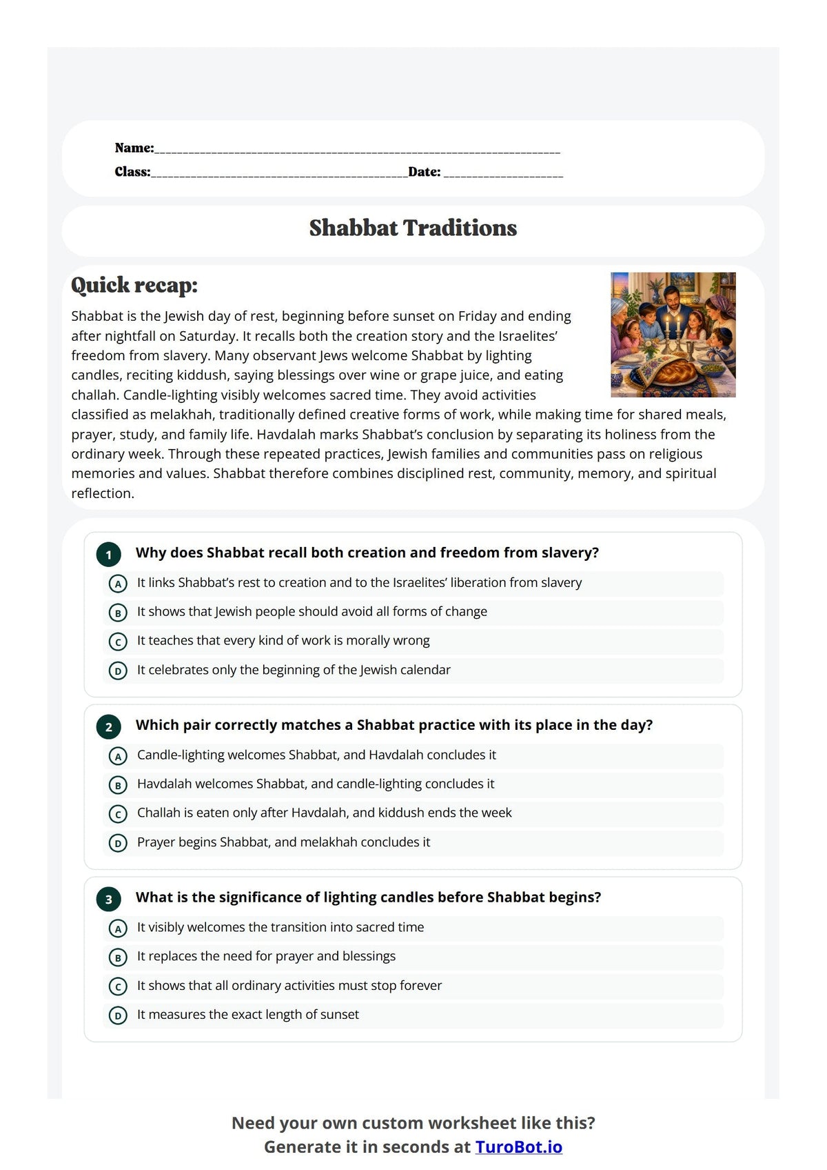 Free Year 7 Worksheet - Shabbat Traditions preview