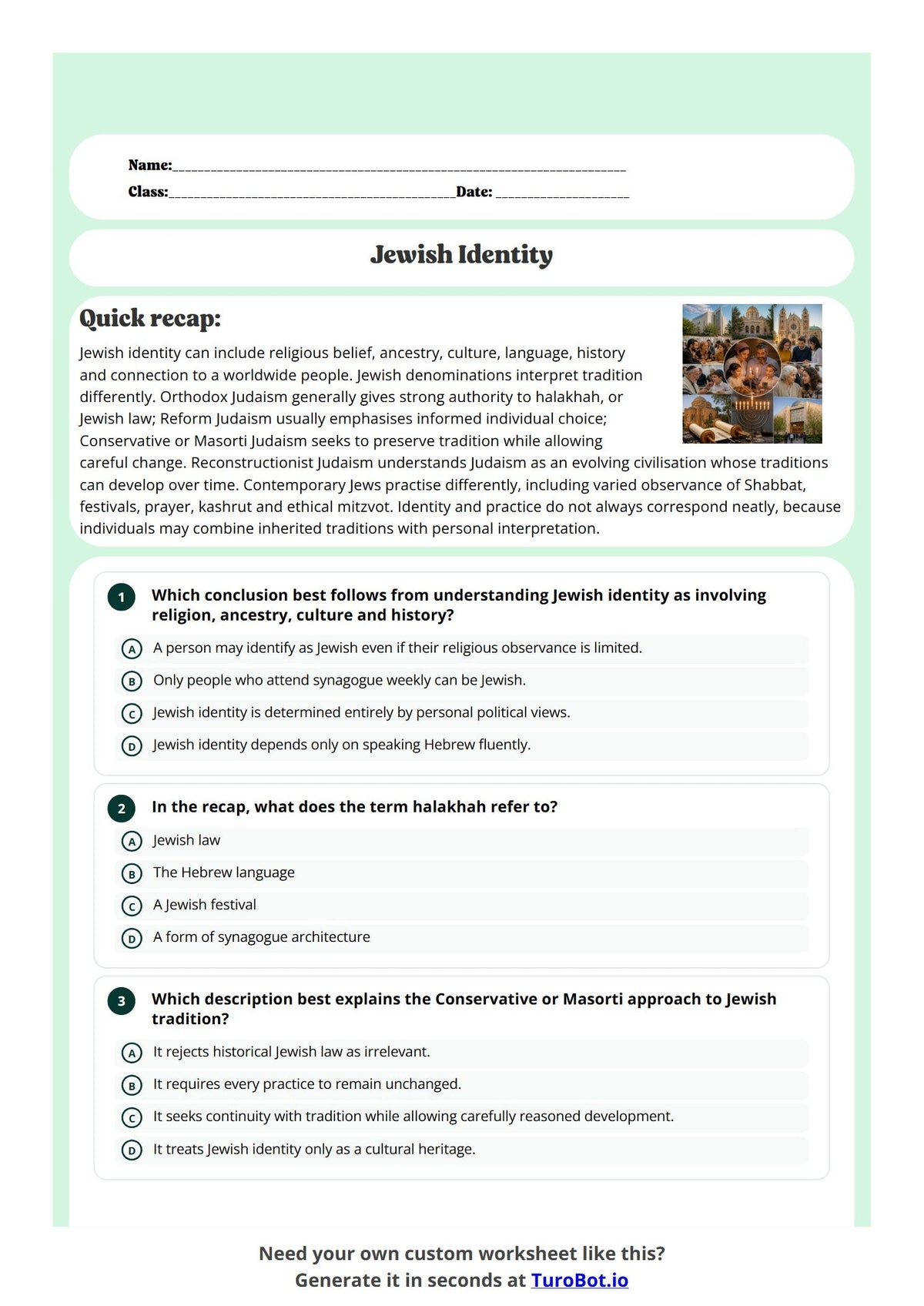 Free Year 10 Worksheet - Jewish Identity preview