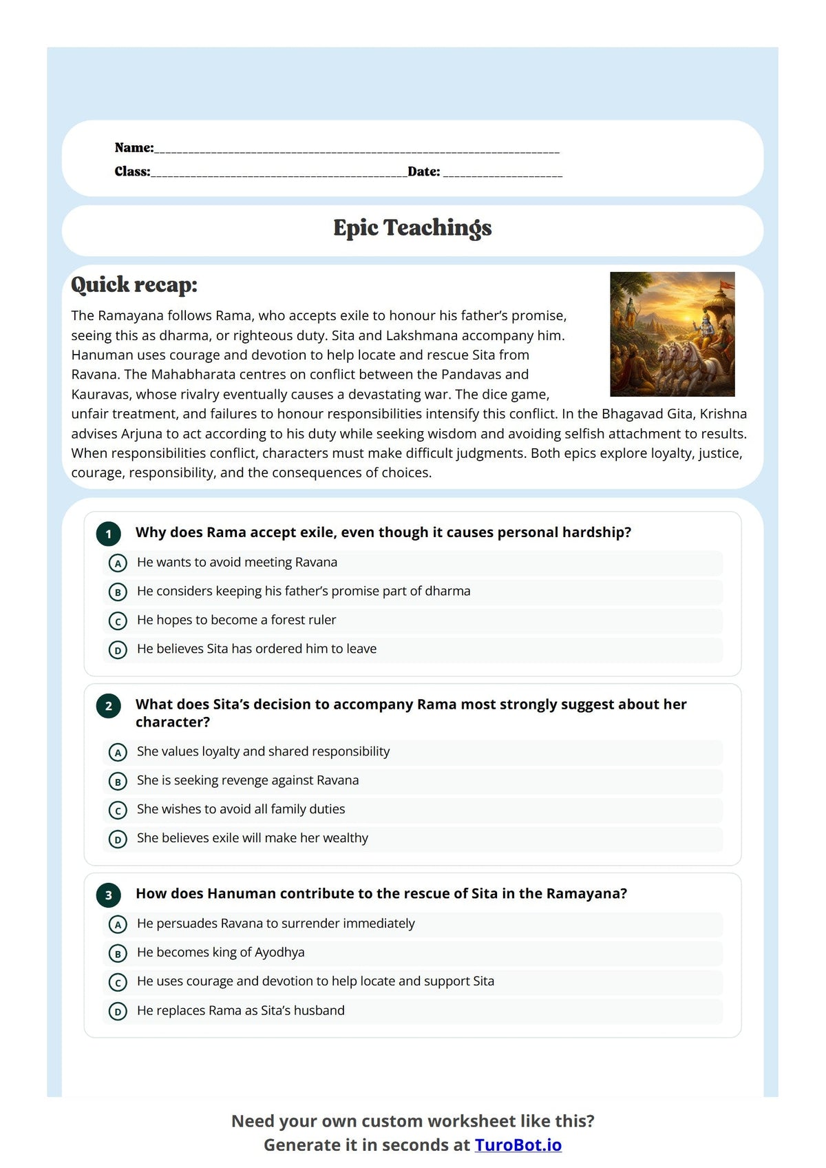 Free Year 8 Worksheet - Epic Teachings preview