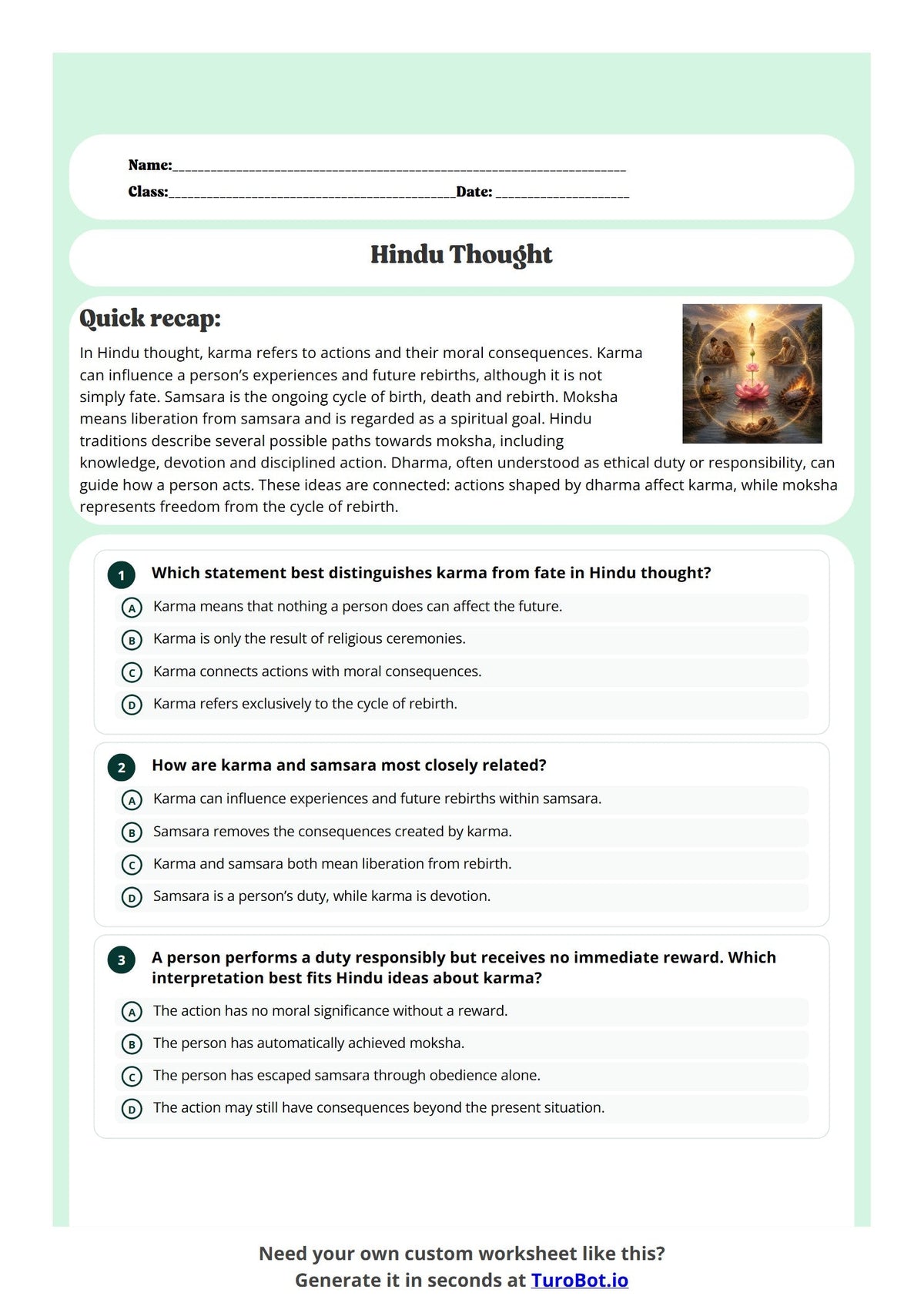 Free Year 9 Worksheet - Hindu Thought preview